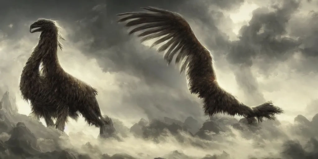 Image similar to a giant griffin ascending to the clouds, concept art, digital illustration, trending on artstation, deviantart, artgerm, epic composition, masterpiece, highly detailed, advanced technique, ambient lighting, wlop, ross draws