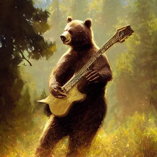 Prompt: realistic bear playing angular guitar, fantasy character portrait by Greg Rutkowski, Craig Mullins, Gaston Bussiere