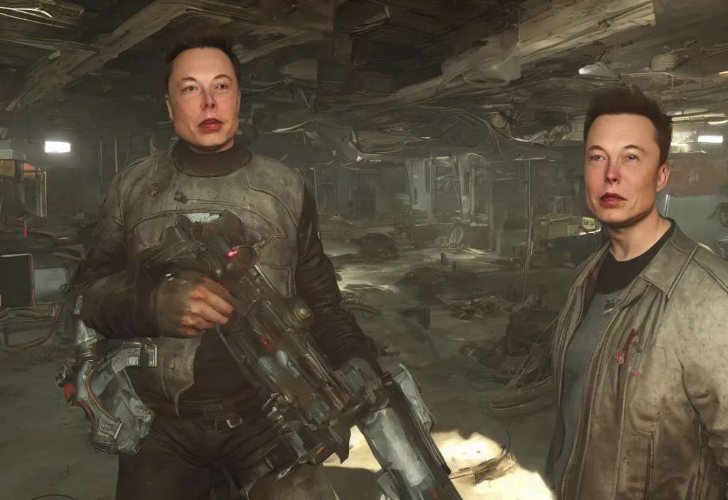 Image similar to elon musk in the video game in fallout 4, apocalyptic wastland, close up, 3 d rendering. unreal engine. amazing likeness. very detailed.