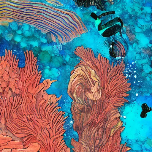 Prompt: abandoned scuba visor cracked multifaceted fantastical storybook form, toned down, depth, internal contours, gouache and ink watercolor of coral life nuanced shading stunning extravagant rocky sea floor glimmering thin details mixed media aged fresco, photo of a painting