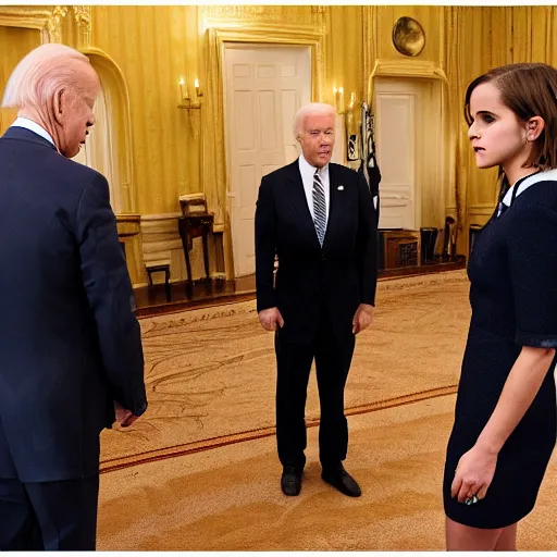 Image similar to emma watson face to face with president joe biden, nikon 3 5 mm, photograph