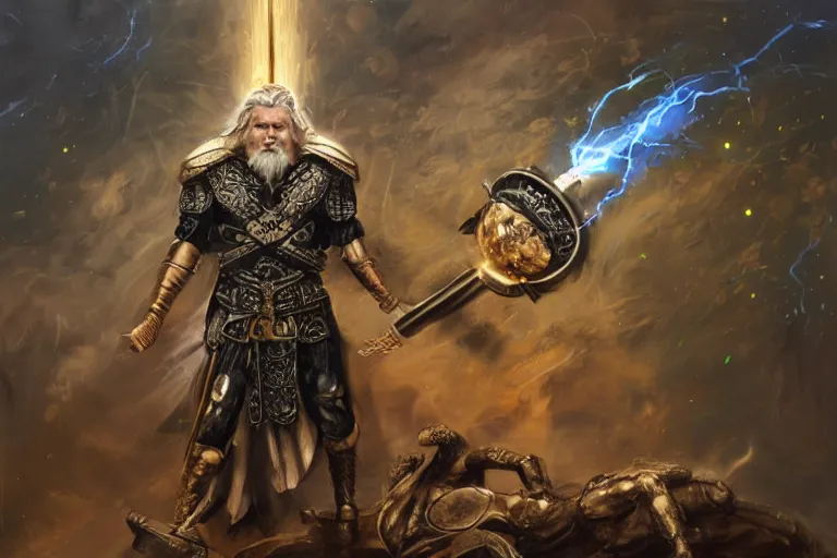 Prompt: odin all father supreme God of thunder and smithing and artificial intelligence creating an artificial neural network with gold synapses on an anvil with his mighty hammer, high resolution, award winning art, trending on art station, sharp image, incredibly detailed, detailed character, realistic painting, hyperrealistic painting