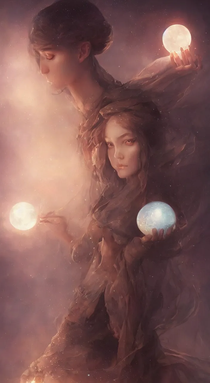 Prompt: a beautiful young witch with a crystal ball, a moon in the sky above, painted by artgerm and tom bagshaw, fantasy art, dramatic lighting, highly detailed oil painting, volumetric lighting