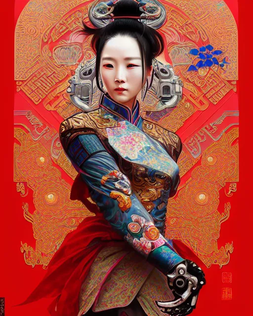 Image similar to portrait of a chinese cyberpunk machine, machine face, upper half portrait, decorated with chinese opera motifs, regal, asian, fine china, wuxia, traditional chinese art intricate intense elegant 京 剧 highly detailed digital painting artstation concept art smooth sharp focus illustration, art by artgerm and greg rutkowski alphonse mucha 8 k