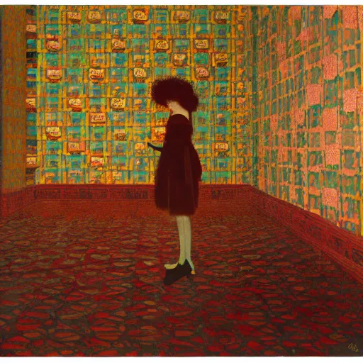 Image similar to a lonely girl in an abandoned room, film still by wes anderson, depicted by klimt, limited color palette, very intricate, art nouveau, highly detailed, lights by hopper, soft pastel colors, minimalist