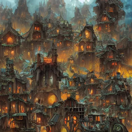 Image similar to an epic hyperdetailed 3 d matte painting of a wiccan shantytown in the victorian village surrounded by colossal biomorphic hallucinogenic demonic eldritch beings by peter mohrbacher by gerald brom by yoji shinkawa by richard michael gorman powers