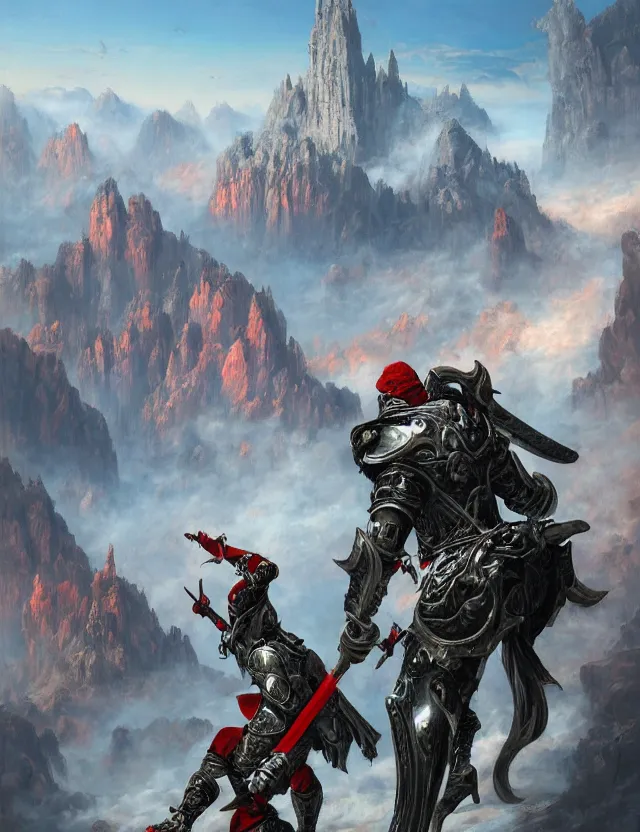 Prompt: wide angle shot from above of silver ornate armor slim handsome mma warriors in battle!!! mountains and giant gothic abbeys in the background, fine detail, 8 k, high contrast color scheme, blue at the background red at the foreground!!!, dynamic perspective, painted movie poster by greg rutkowski and peter mohrbacher