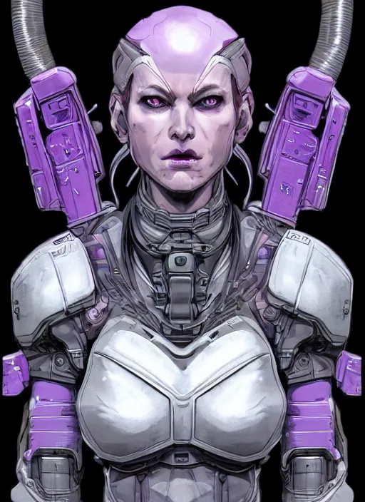 Prompt: close up portrait of a pale woman in sci - fi power armor with purple hair, powerful, domineering, stoic, intense, ultrafine hyperdetailed illustration by kim jung gi, irakli nadar, intricate linework, sharp focus, disco elysium, yoji shinkawa, highly rendered, detailed, concept art