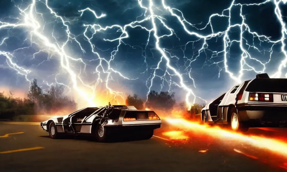 Image similar to scene from back to the future, delorean driving fast, lightning, fire, driving through portal, motion blur