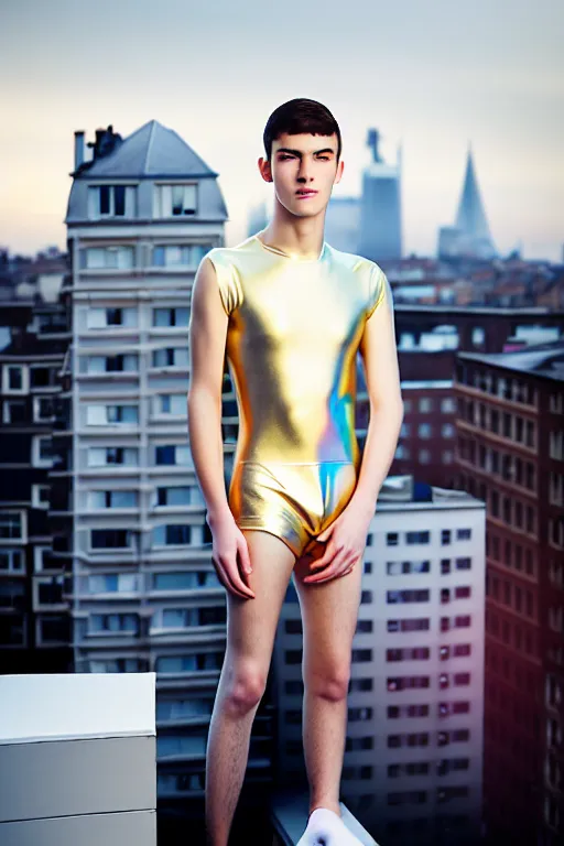 Image similar to un ultra high definition studio quality photographic art portrait of a young man standing on the rooftop of a british apartment building wearing soft padded silver pearlescent clothing. three point light. extremely detailed. golden ratio, ray tracing, volumetric light, shallow depth of field. set dressed.