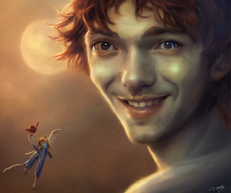 Prompt: portrait of peter pan, smiling, perfect face, cinematic, elegant, highly detailed, psychedelic, digital painting, artstation, smooth, hard focus, illustration, art by jessica rossier and and brian froud