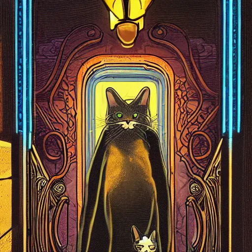 Image similar to a cat wearing a hooded cloak, in an elevator with art nouveau neon panelling, by moebius and james gurney and james jean and greg rutkowski, 8 k