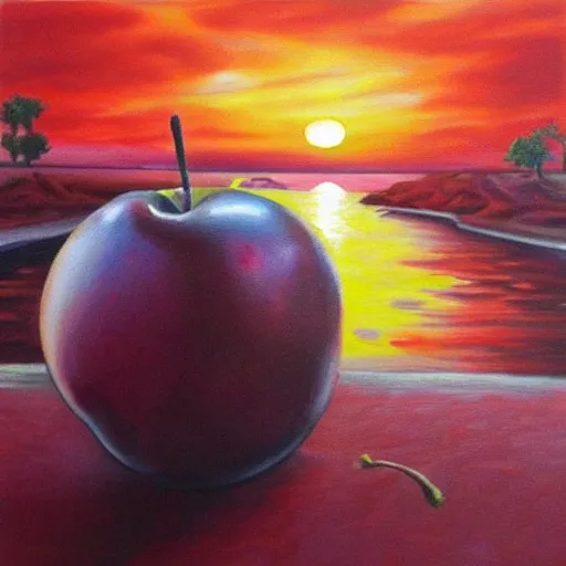Image similar to realistic painting of a plum looking at the sunset highly detailed trending on art station