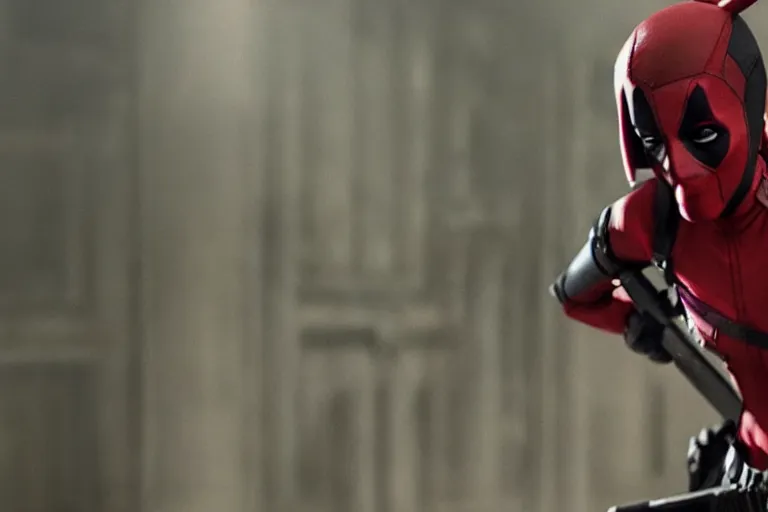 Image similar to emma watson as lady deadpool, cinematic lighting, movie still