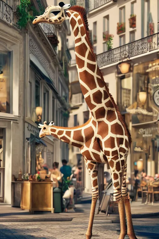 Image similar to a giraffe with big eyes looking for a cup of coffee in beautiful morning café in Paris. Pixar Disney 4K 3d render funny animation movie Oscar winning trending on ArtStation and Behance. Ratatouille style.