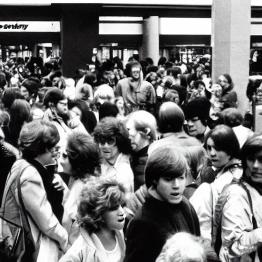 Prompt: People in a crowded mall, circa 1980