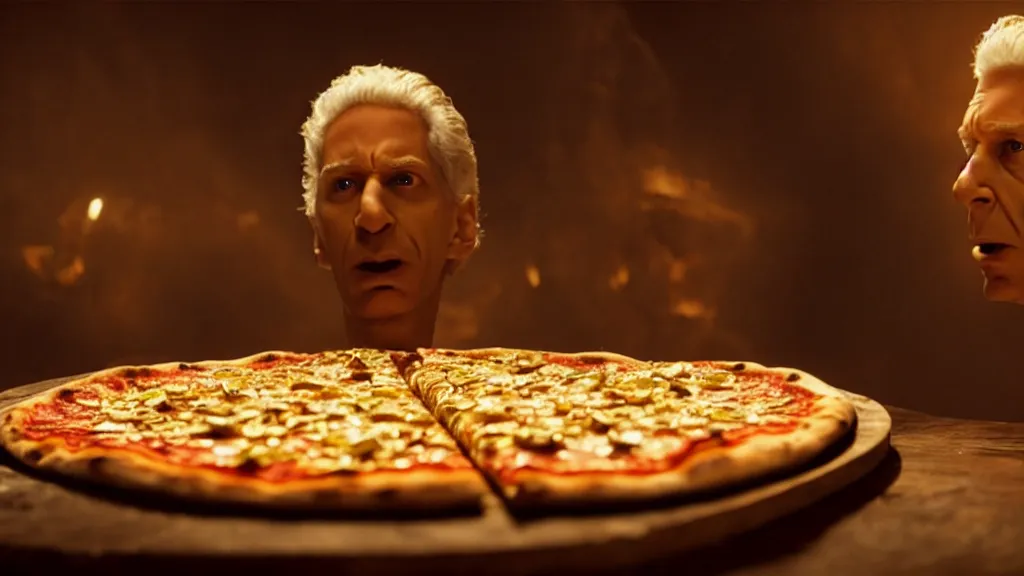 Prompt: glowing oil, on a pizza, film still from the movie directed by denis villeneuve and david cronenberg with art direction by salvador dali and dr. seuss