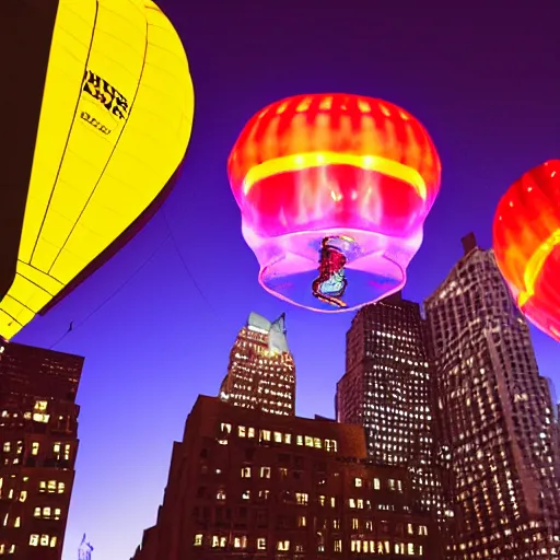 Image similar to at night, nyc, camera looking up, beautiful hot air balloons in a jellyfish shape