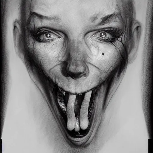 Image similar to a black and white drawing of a person with their mouth open, a charcoal drawing by Stephen Gammell, cgsociety, sots art, charcoal drawing, matte drawing, concept art