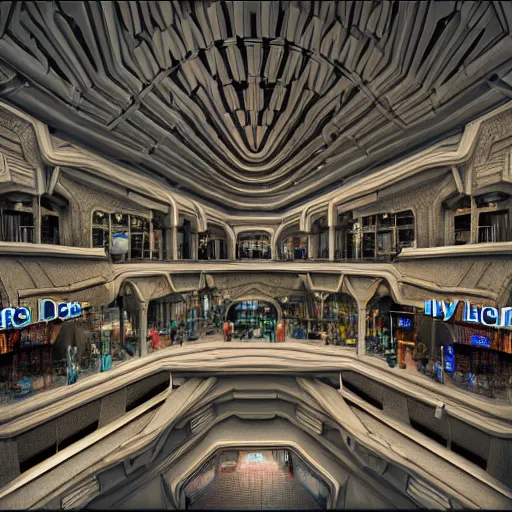 Image similar to hyperrealism computer simulation visualisation of parallel universe mall in surreal scene from art house movie from future by caravaggio rendered in mandelbulb 4 d and blender and octane render