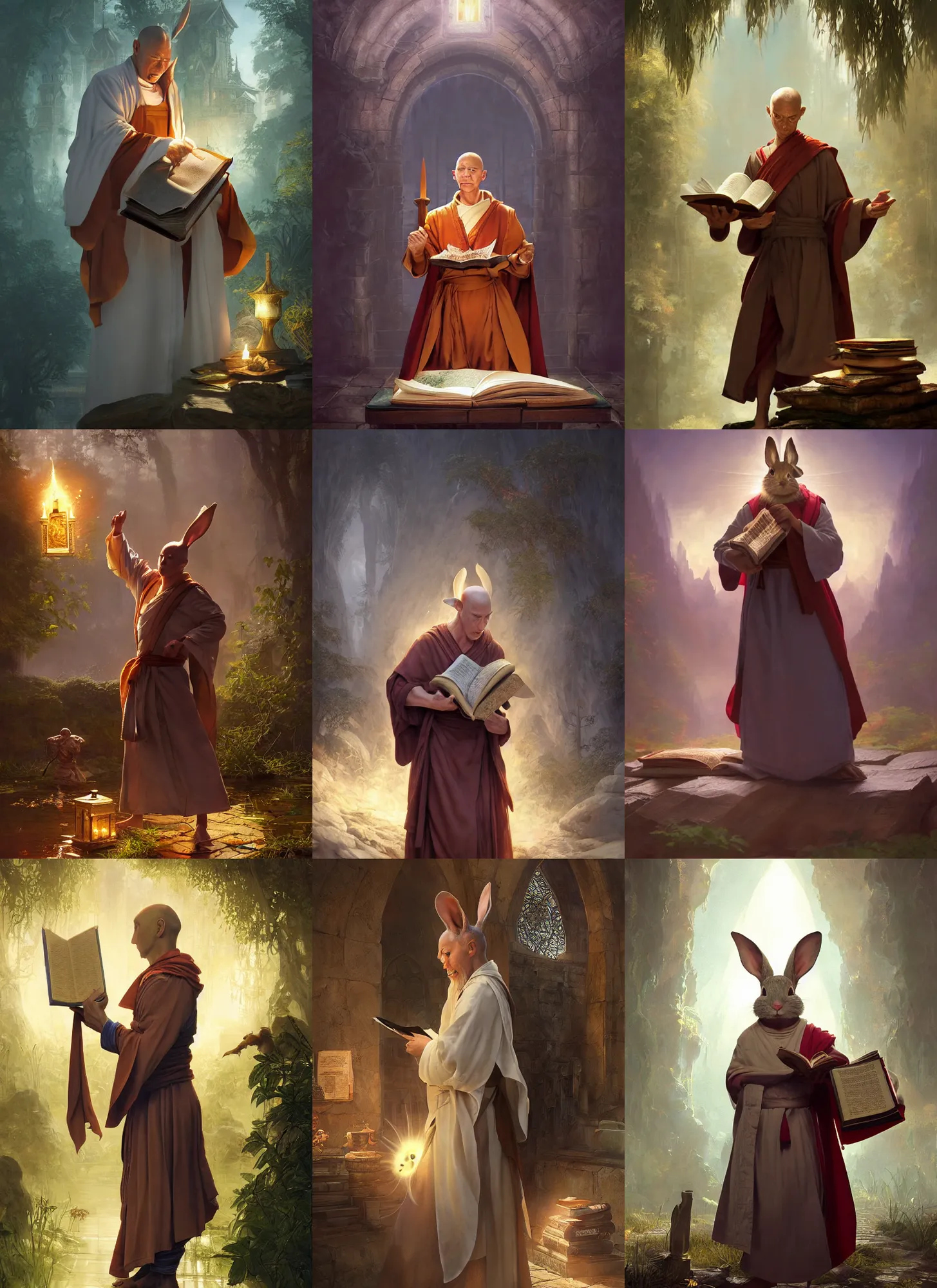 Prompt: rabbit priest with a monk robe holding a holy book, DnD character, unreal engine, octane render, dramatic lighting, pond, digital art, by Stanley Artgerm Lau, greg rutkowski, thomas kindkade, alphonse mucha, loish, norman Rockwell