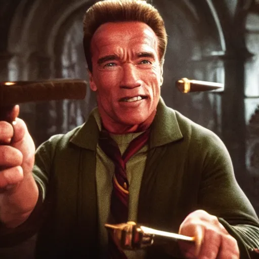 Image similar to Arnold Schwarzenegger as Harry Potter, 4k movie screen capture, high detail