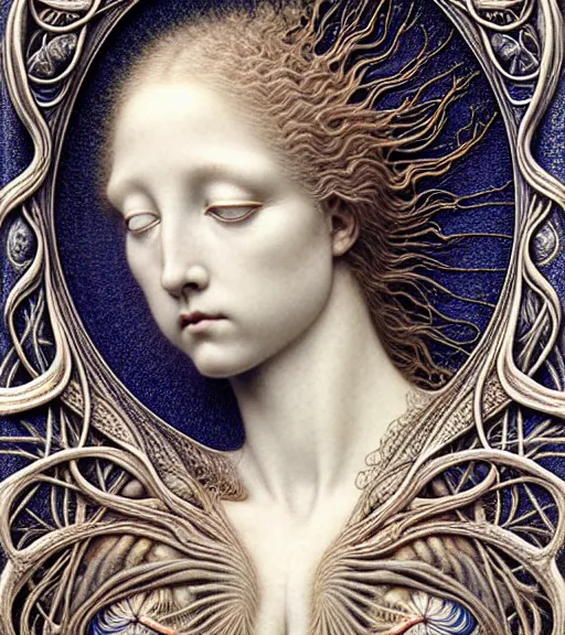 Image similar to detailed realistic beautiful porcelain goddess face portrait by jean delville, gustave dore, iris van herpen and marco mazzoni, art forms of nature by ernst haeckel, art nouveau, symbolist, visionary, gothic, neo - gothic, pre - raphaelite, fractal lace, intricate alien botanicals, biodiversity, surreality, hyperdetailed ultrasharp octane render