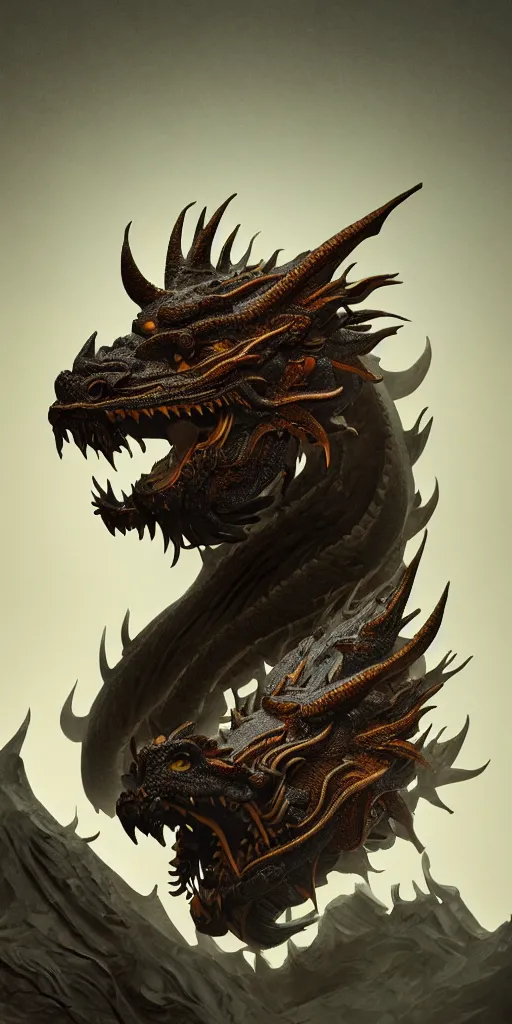 Image similar to a beautiful obverse portrait render of a single huge chinese dragon, solid background, mechanical, metal, model design, fine texture structure, hyper detailed, perfect shadows, fierce eyes, atmospheric lighting, 3 d render, the style of pascal blanche and sparth juan zigor samaniego, paul pepera pablo roldan, denoise, alone, 4 k hd