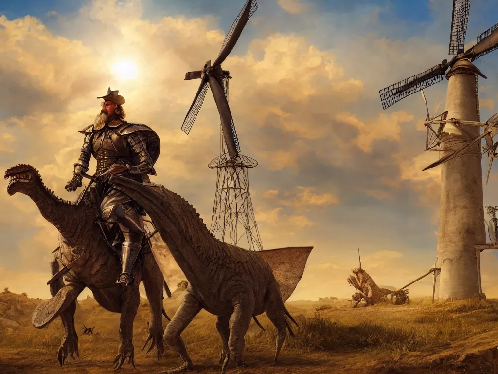 Prompt: portrait of don quixote sitting on a dinosaur in front of a windmill, summer, sun in the zenith, digital art, highly detailed, stunning scene, 4 k, realism, bright colors, trending on artstation