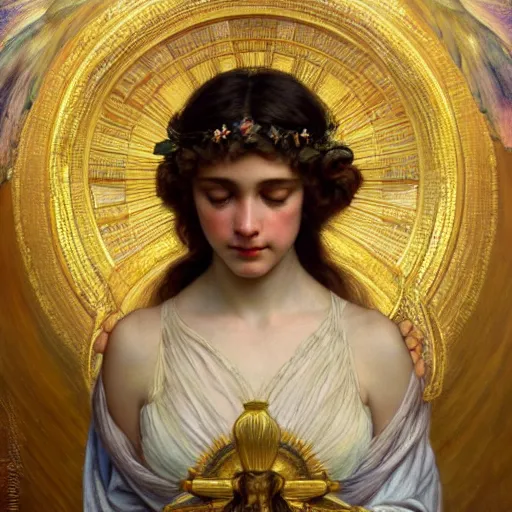 Image similar to highly detailed oil painting | very intricate | cinematic lighting | award - winning | the beautiful angel of saturn wearing a flowing toga | by godward, by tom bagshaw, by j. c. leyendecker and klimt, beautiful cinematic light, american romanticism, by alphonse mucha, artstation, cgsociety, official art, octane, detailed face