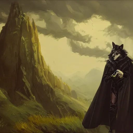 Prompt: an anthropomorphic wolf in a black doublet looking out over the hills, artstation hq, stylized, sharp focus, concept art, furaffinity fursona, furry, anthropomorphic, by ayami kojima, gregory manchess, greg rutkowski, greg hildebrandt, stylized anthropomorphic wolf in cape and robe, dramatic