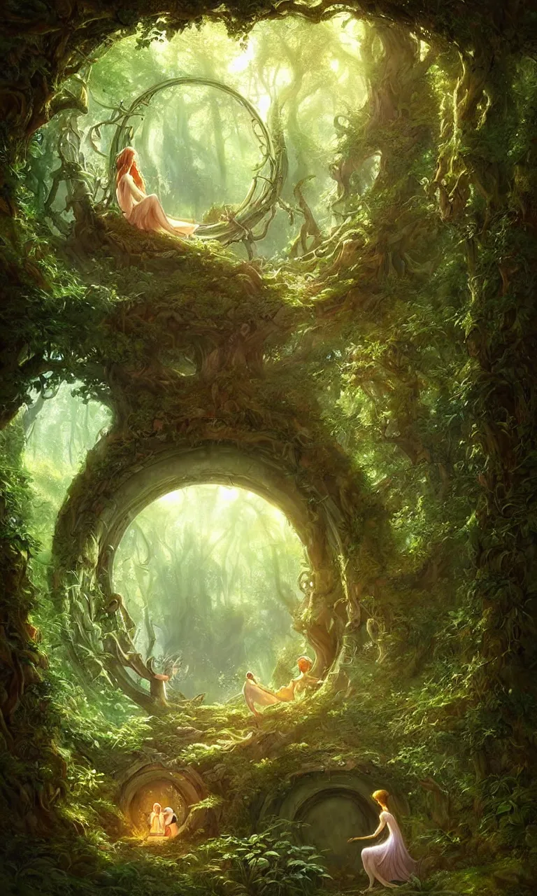 Image similar to Fantasy Magical fairy-tale portal in the forest. Round stone portal teleport in trees to other worlds. Fantastic landscape. Magic Altar in the fores, highly detailed, digital painting, artstation, concept art, smooth, sharp focus, illustration, art by artgerm and greg rutkowski and alphonse mucha