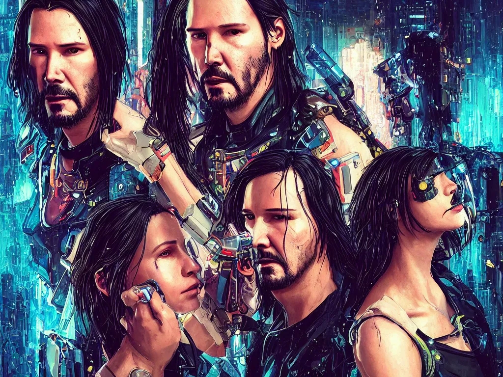 Image similar to a cyberpunk 2077 instagram couple portrait of a Keanu Reeves and a female android final kiss,love,film lighting,by Laurie Greasley,Lawrence Alma-Tadema,Dan Mumford,John Wick,Speed,Replicas,artstation,deviantart,FAN ART,full of color,Digital painting,face enhance,highly detailed,8K,octane,golden ratio,cinematic lighting