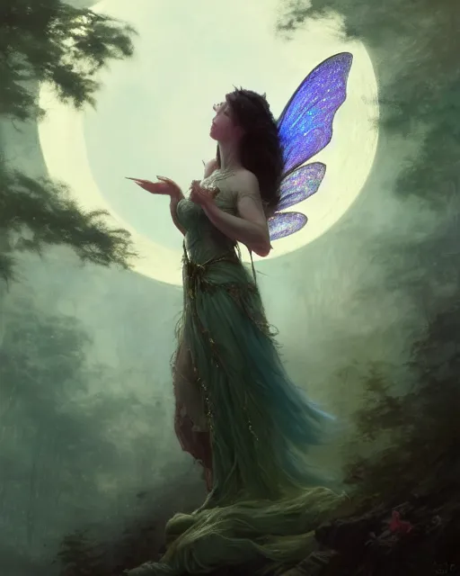 Image similar to a portrait of beautiful fairy goddness fly high in the night, d & d, fantasy, mist, full moon in background, trees, hyper detailed,, midium shot, an oil painting by ruan jia, trending on artstation, concept art, sharp focus, illustration, gaston bussiere, craig mullins, j. c. leyendecker, beautiful lighting