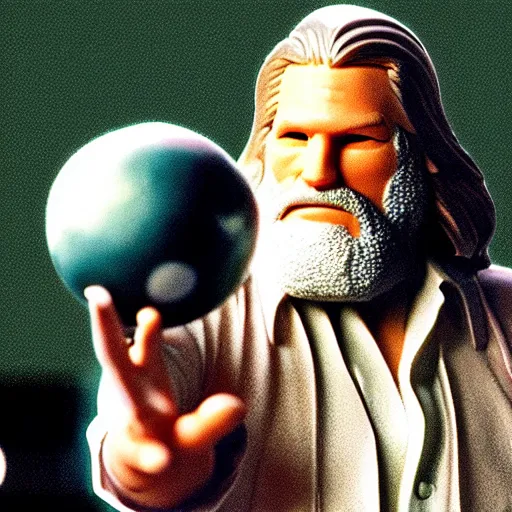 Prompt: The Dude Jeff Bridges holding bowling ball as a Funko Pop
