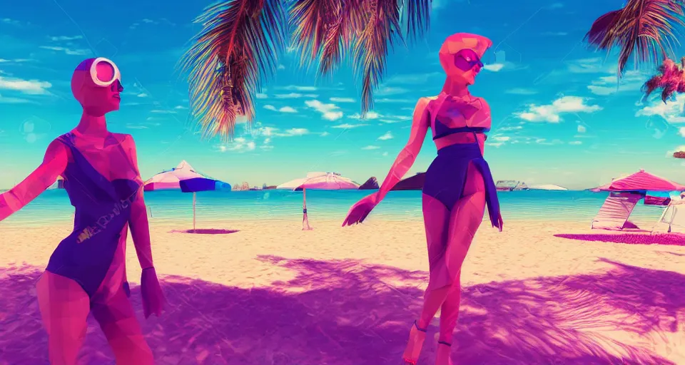 Prompt: fullbody vaporwave art of a fashionable mummy girl at a beach, early 90s cg, 3d render, 80s outrun, low poly, from Hotline Miami