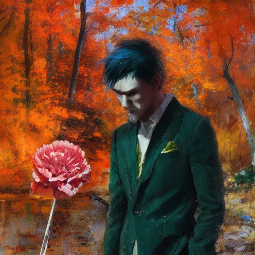 Prompt: stoic young man with red tipped green hair wearing a cream suit shedding a single tear standing before a lake in an autumnal forest holding a halberd shaped like a carnation, oil painting by jeremy mann and yoji shinkawa