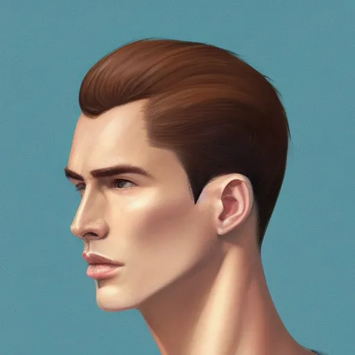 Image similar to tall man in his twenties with brown blond short quiff hair and thin slightly round facial structure with cleft chin, straight eyebrows and prominent nose, good definition of cheekbones, big hazel nut brown eyes, narrow face, slim body, atmospheric lighting, painted, intricate, 4 k, highly detailed by charlie bowater