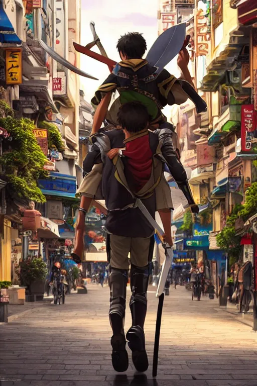 Image similar to ultra detailed keyart of sci - fy movie, a boy carrying a sword in his back is riding a simple bycycle in the main street of isekai shinjuku