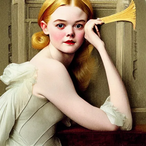 Prompt: Painting of Elle Fanning as a ghost, long blonde hair, delicate, pale milky white porcelain skin, by Leyendecker and Norman Rockwell