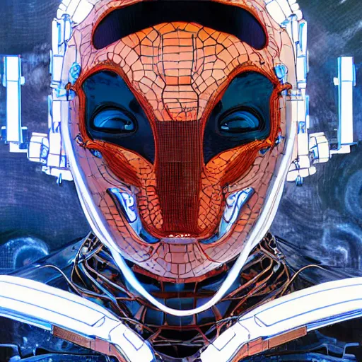 Image similar to man with scifi mask as a god, actuators, carbon fiber, white plastic, bones and wires, soft light painted by james jean and katsuhiro otomo and erik jones, inspired by akira anime, smooth face feature, marvel mcu movie poster, high detail illustration, sharp high detail,