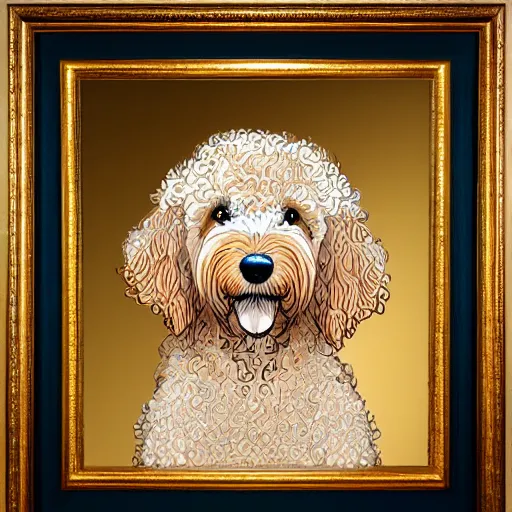 Image similar to light haired golden doodle painted as portrait of a queen intricate, hyper detailed