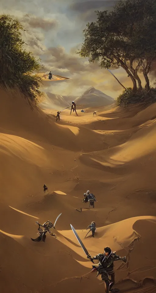 Prompt: oil painting of four sword wielding adventures traveling through a dune, 4 k, detailed, landscape