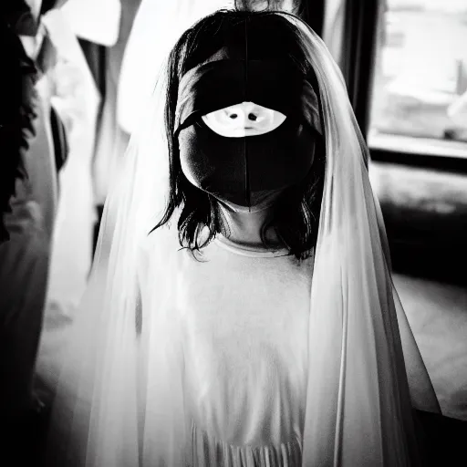 Image similar to ghost girl blindfolded in black wedding dress, hyper-realistic shot from a horror film with a very low angle of view, Leica SL2 30mm, beautiful color, high quality, high texture