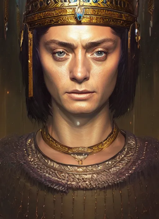 Image similar to highly detailed portrait of jude law as cleopatra unreal engine, fantasy art by greg rutkowski, loish, rhads, ferdinand knab, makoto shinkai and lois van baarle, ilya kuvshinov, rossdraws, tom bagshaw, alphonse mucha, global illumination, radiant light, detailed and intricate environment