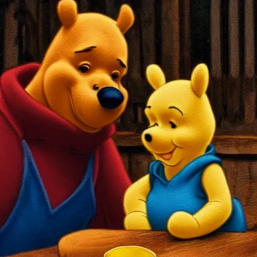 Image similar to winnie the pooh and a blonde woman enjoying a couple of pints in a pub together.