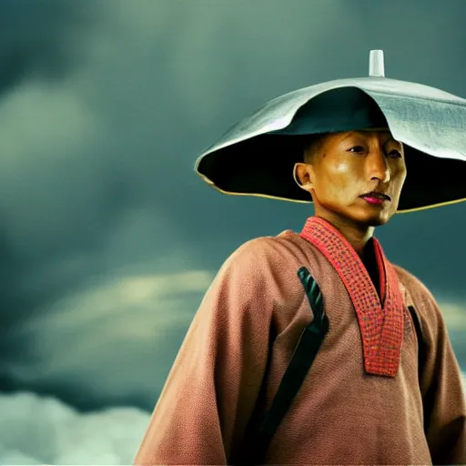 Image similar to cinematic film still Pharrell Williams starring as a Samurai that is on fire, Japanese CGI, VFX, 2003, 40mm lens, shallow depth of field,film photography