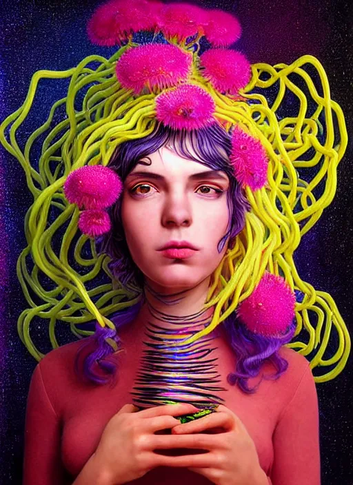 Image similar to hyper detailed 3d render like a Oil painting - Ramona Flowers with wavy black hair wearing thick mascara seen out Eating of the Strangling network of colorful yellowcake and aerochrome and milky Fruit and Her staring intensely delicate Hands hold of gossamer polyp blossoms bring iridescent fungal flowers whose spores black the foolish stars by Jacek Yerka, Mariusz Lewandowski, silly playful fun face, Houdini algorithmic generative render, Abstract brush strokes, Masterpiece, Edward Hopper and James Gilleard, Zdzislaw Beksinski, Mark Ryden, Wolfgang Lettl, Dan Hiller, hints of Yayoi Kasuma, octane render, 8k