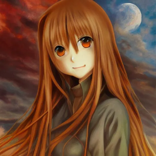 Prompt: An award winning oil painting of Horo from Spice and Wolf by Matcha, landscape, Danbooru, anime, highly detailed, oil painting, canvas, brush strokes, artistic, color palette