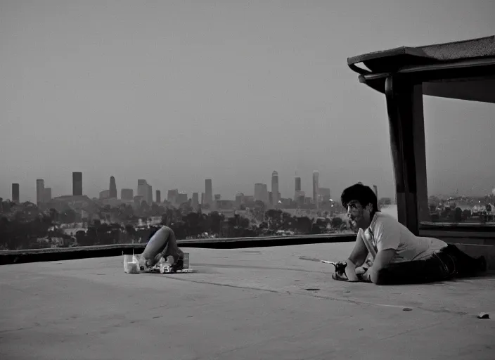 Image similar to film photograph, leica s, kodachrome, rooftop, los angeles, echo park, lake, landscape, blood moon, dusk, man smoking cigarette